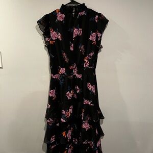 Black and Pink Tiered Ruffled Cocktail Dress